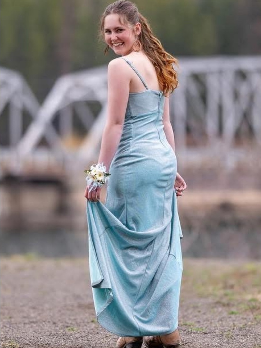 Light Blue Spaghetti-Strap Prom Gown